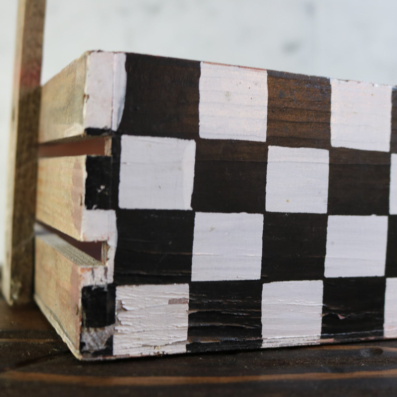Hand-Painted Checkerboard Box with Crows and Apple Design
