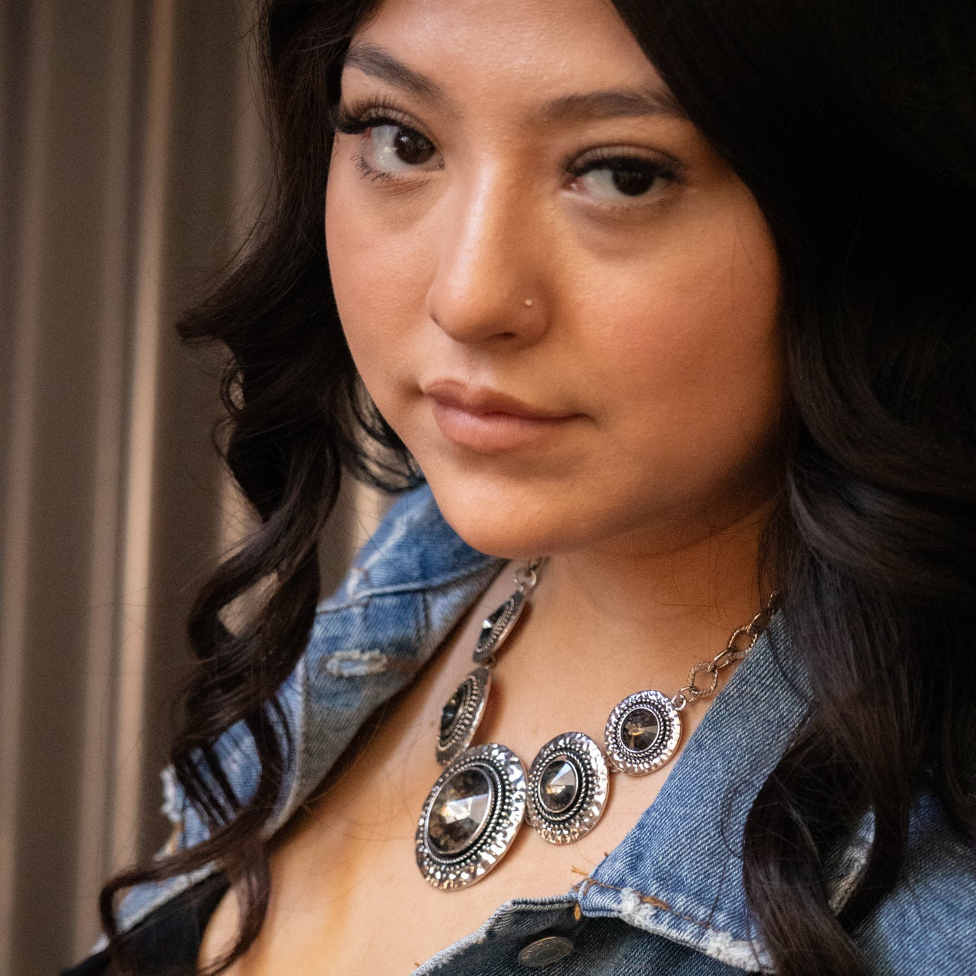 Paparazzi Large Circular Silver Statement Piece Necklace & Earring Set with Blackish Grey Gemstones