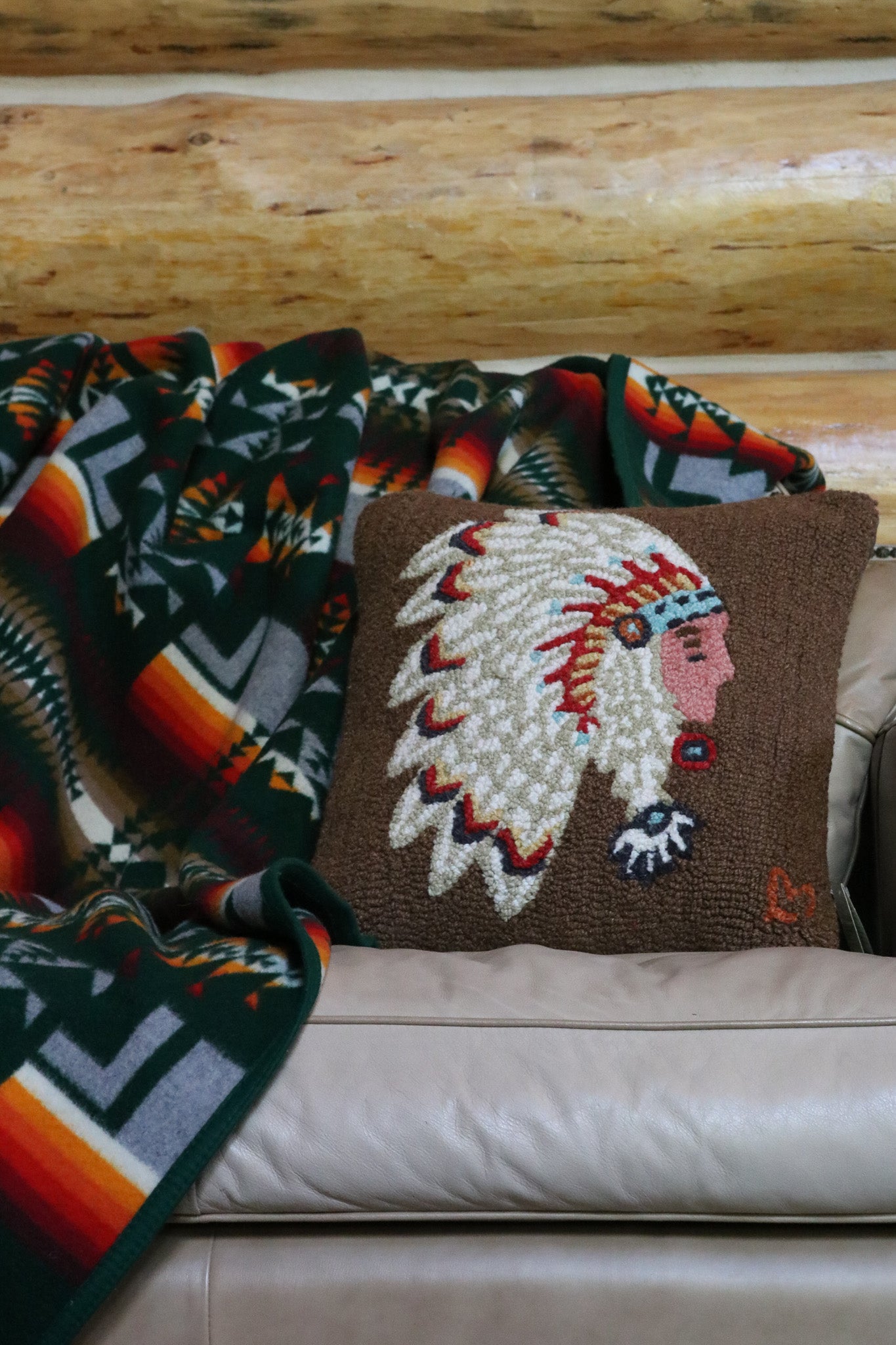 Chandler 4 corners Native Chief Hooked Wool Pillow