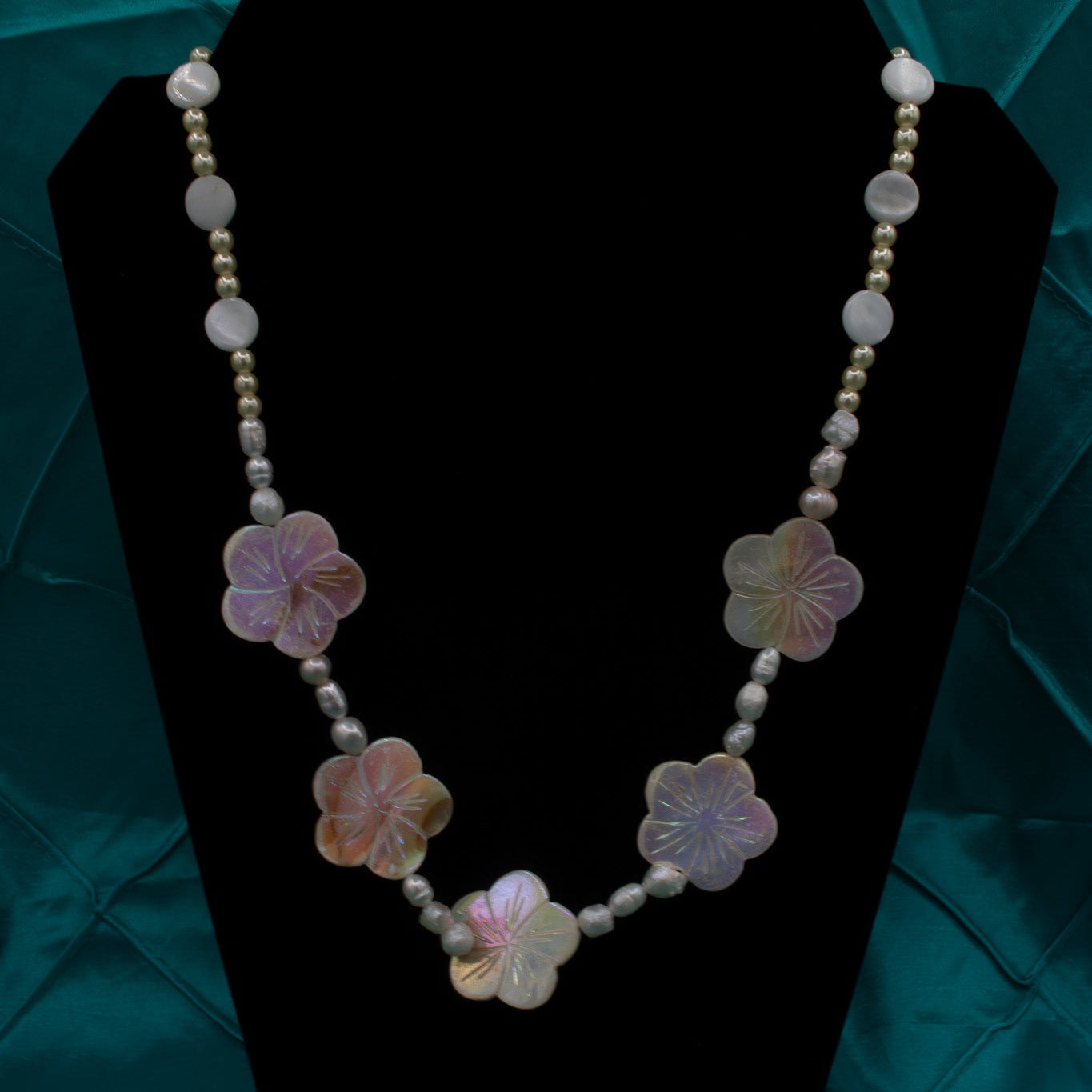 White Abalone Shell and Flower Bead and Pearl Hand carved Necklace