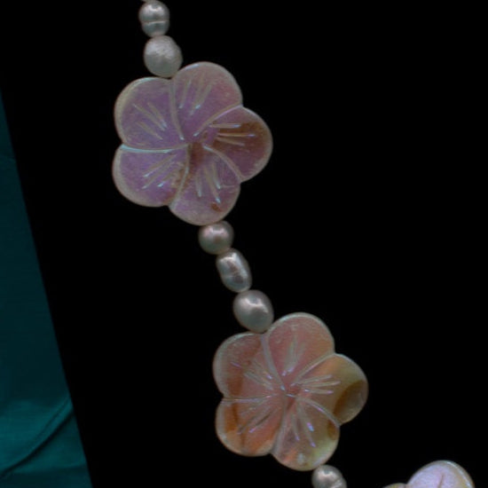 White Abalone Shell and Flower Bead and Pearl Hand carved Necklace