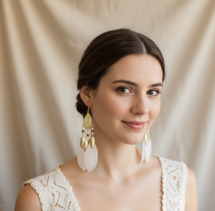 BOHEMIAN TEAR DROP BEADED FEATHER DANGLE EARRINGS