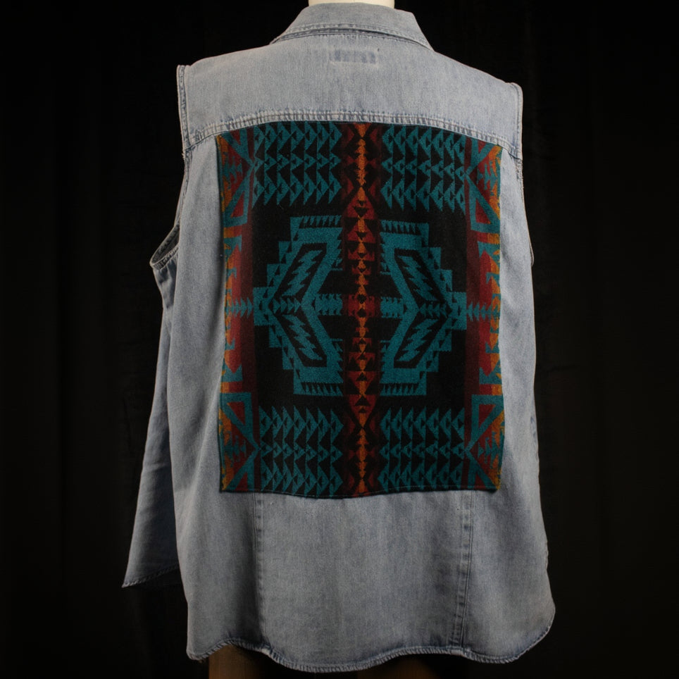 Venezia Jeans Denim Button up Vest altered with Pendleton Beaver State Fabric Size M