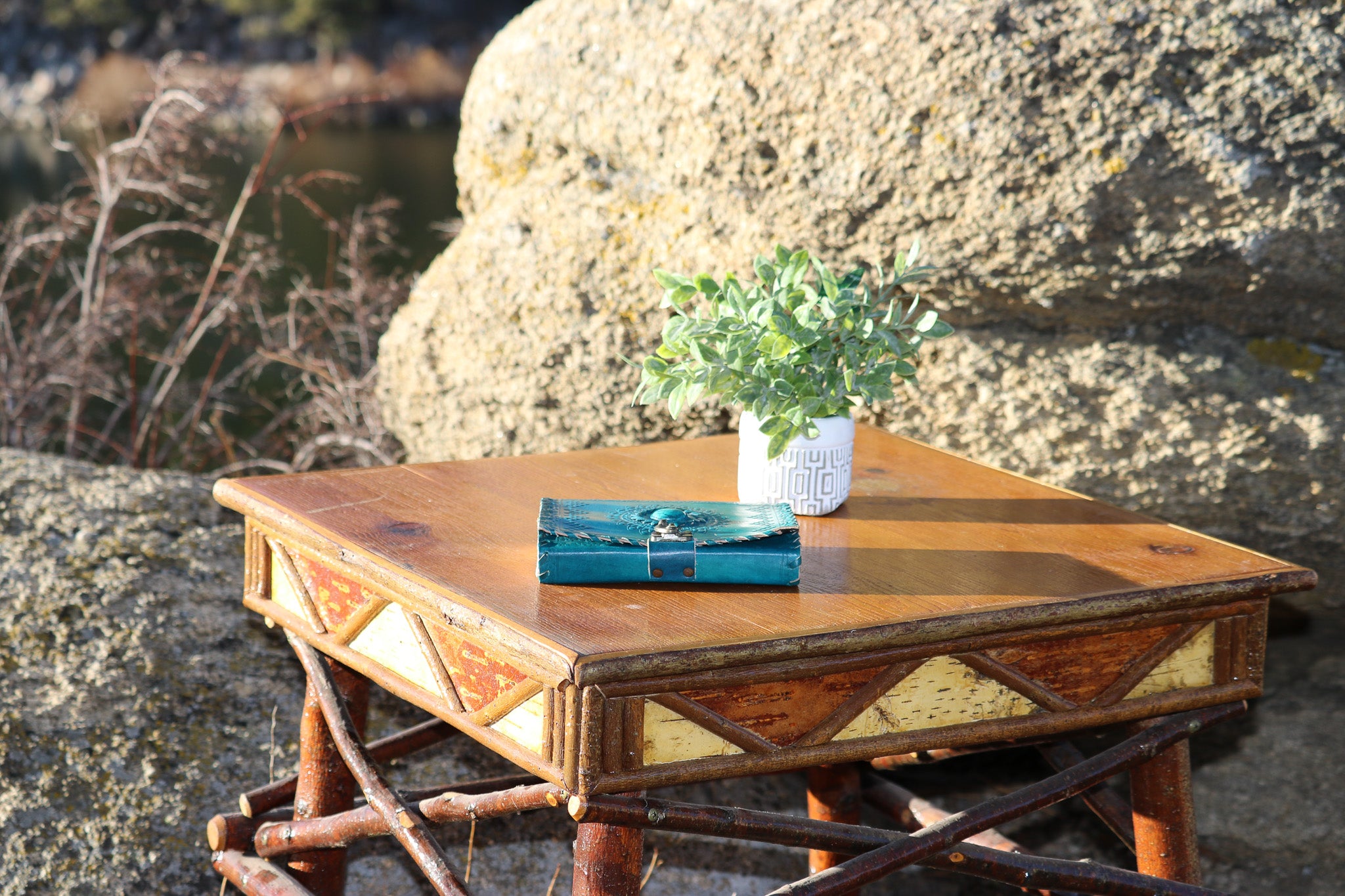 Geometric Design Adirondack Square Side Table with Raw Wood Legs