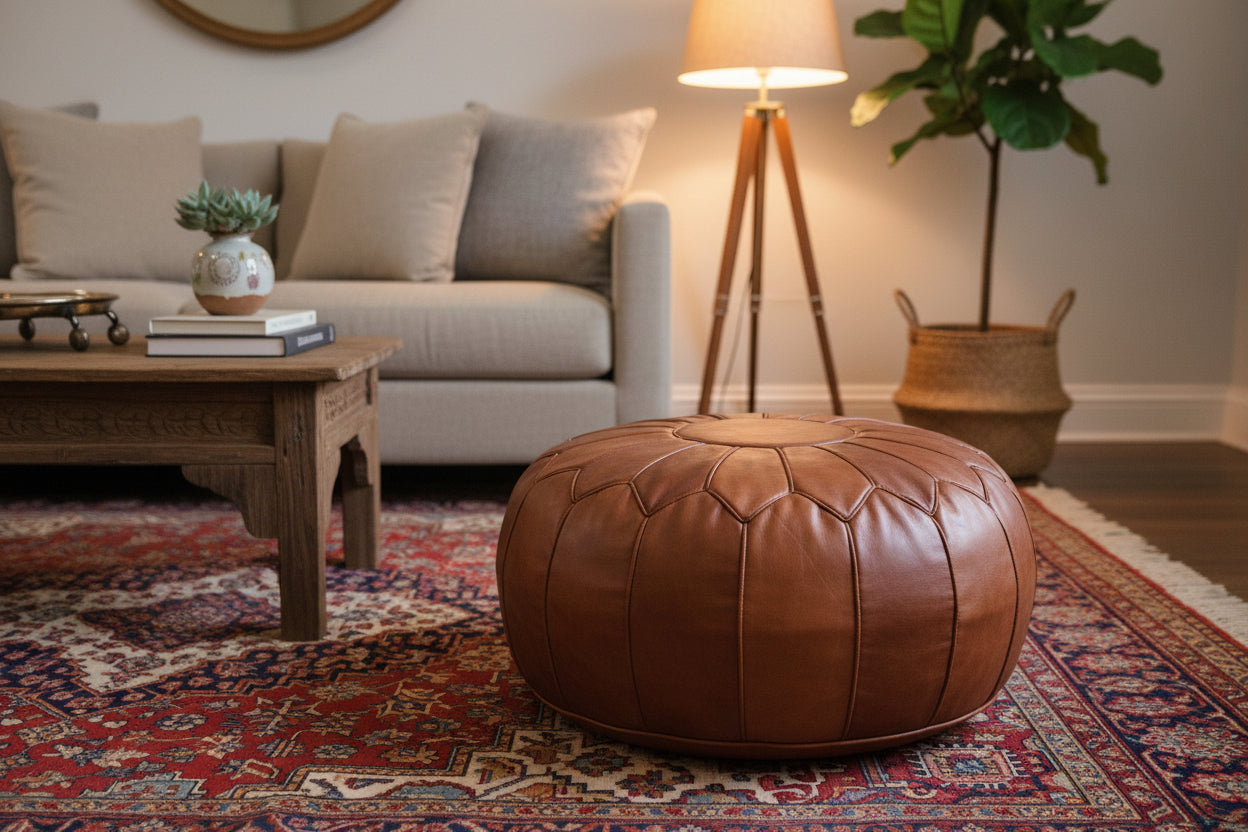 Handcrafted Moroccan Leather Pouf Berber Style Ottoman for Home Decor