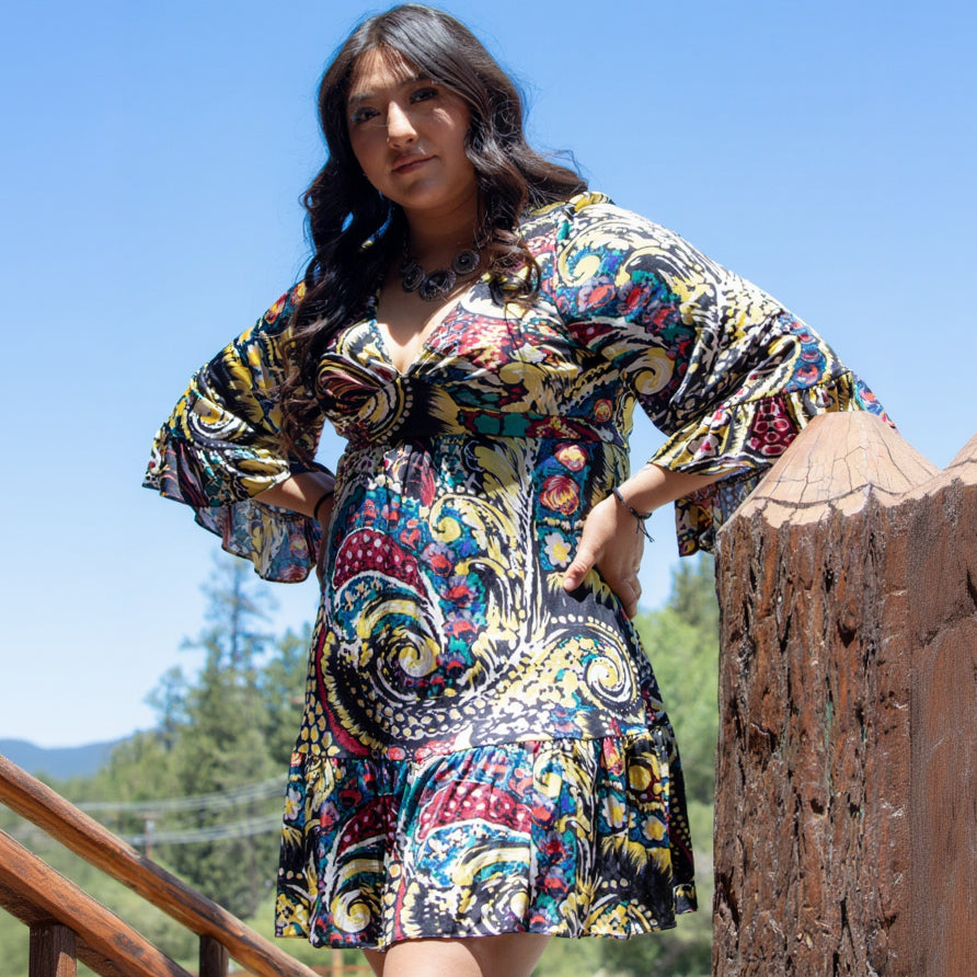 Betsey Johnson Multi - Colored Dress with Flowy Sleeves, and a V-Neck Line. EDIT-G