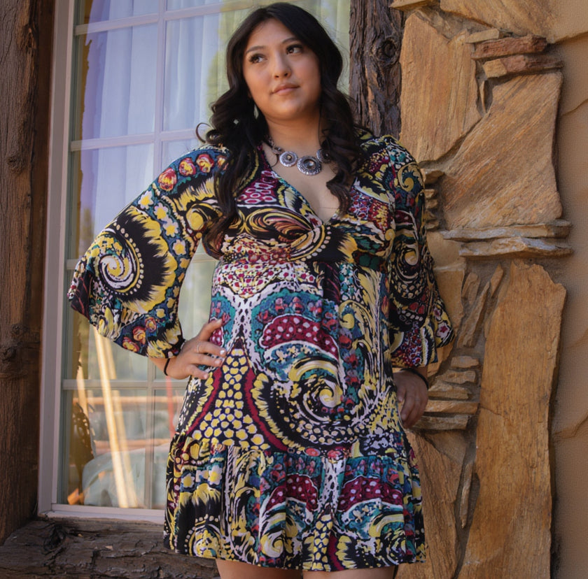 Betsey Johnson Multi - Colored Dress with Flowy Sleeves, and a V-Neck Line. EDIT-G