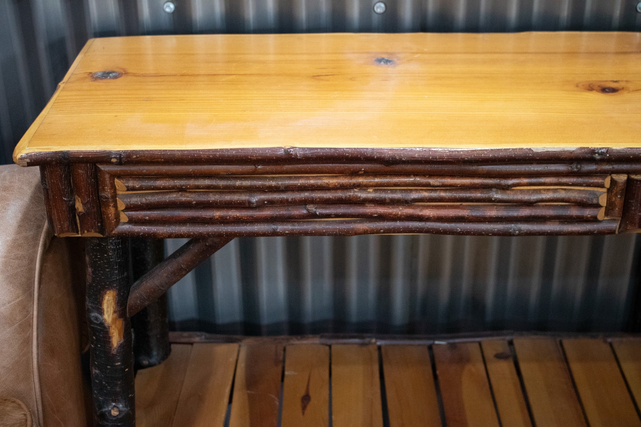 Adirondack Long Side-Table with Raw Wood Geometric Side Design