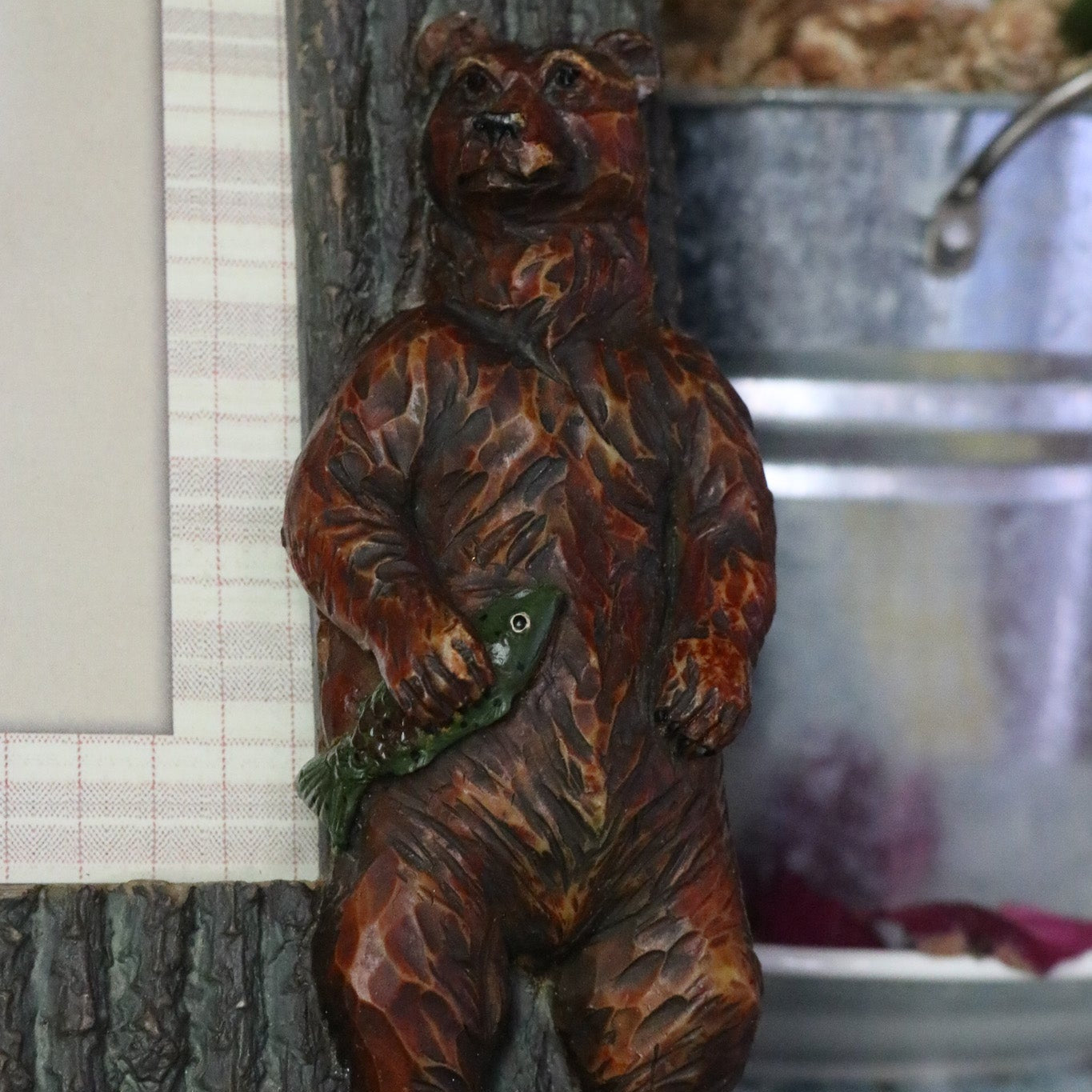 Camp Canoe Brand Resin Bear with Fish and Tree 3"x5" Picture Frame