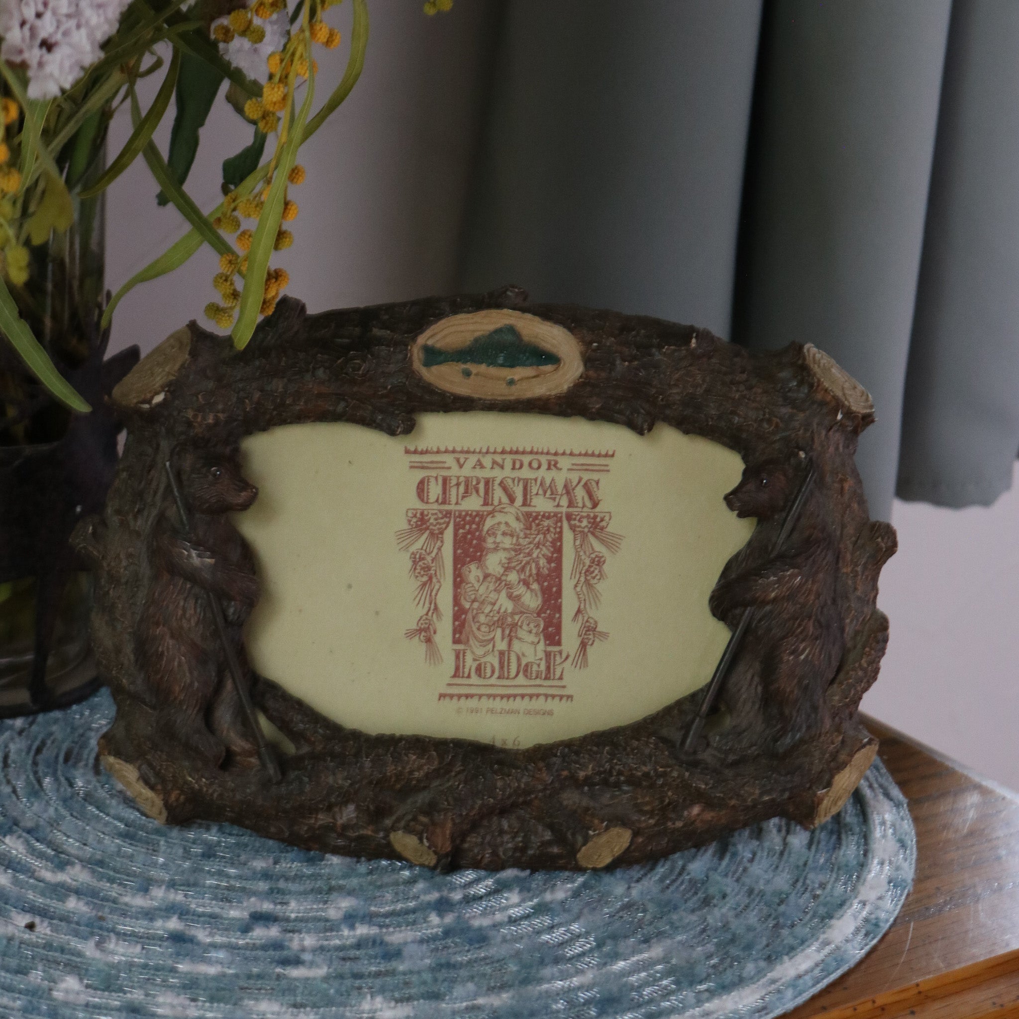 Vandor Christmas Lodge Log Bear with Fishing Pole Photo Frame
