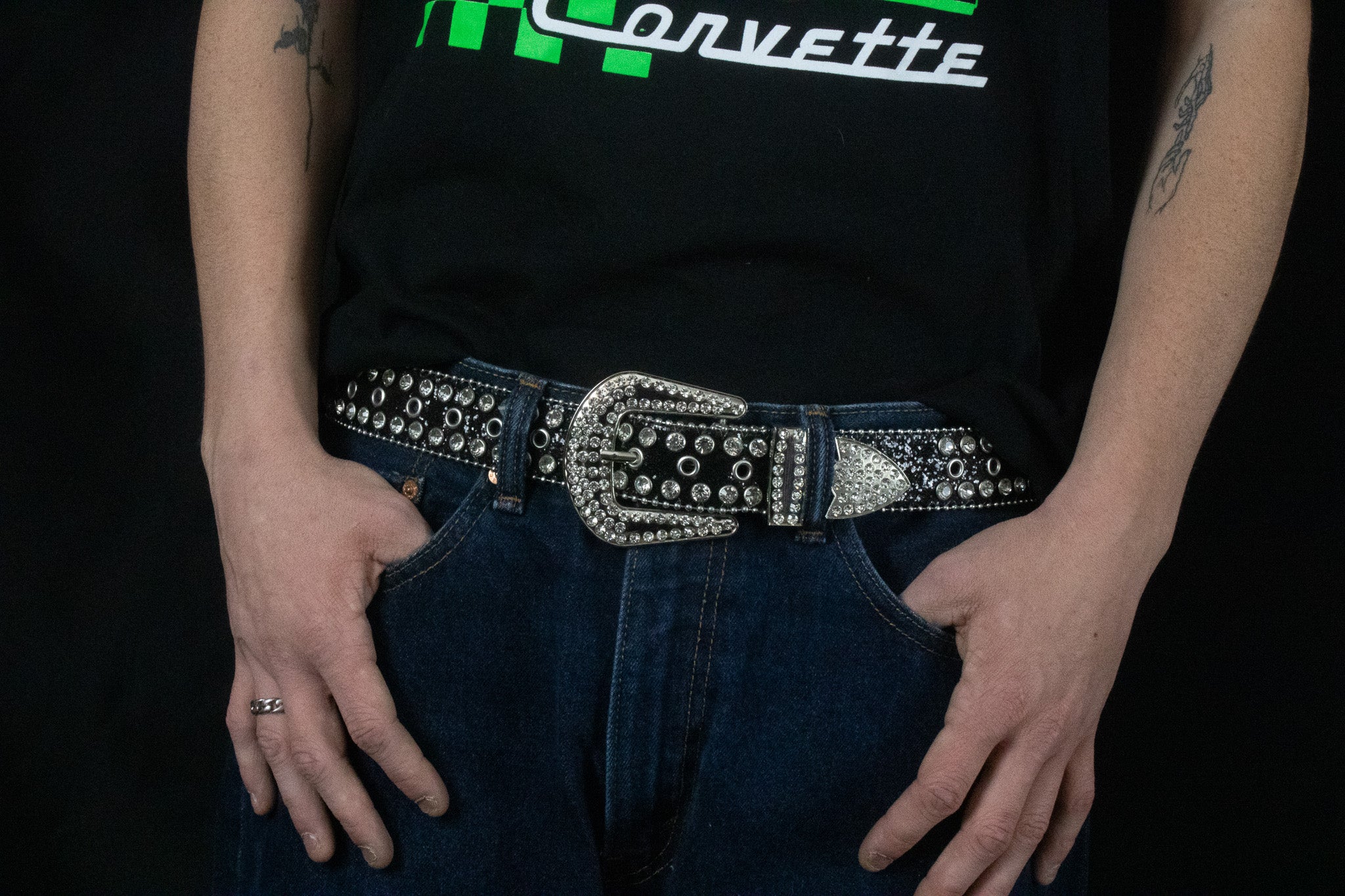 Black leather and Rhinestone Belt