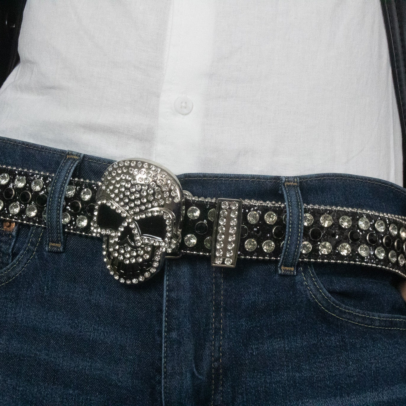 Black Skull Sequin Inlaid Rhinestone Belt