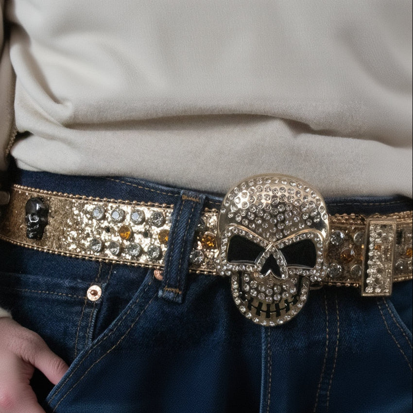 Golden Skull Sequin Inlaid Rhinestone Belt