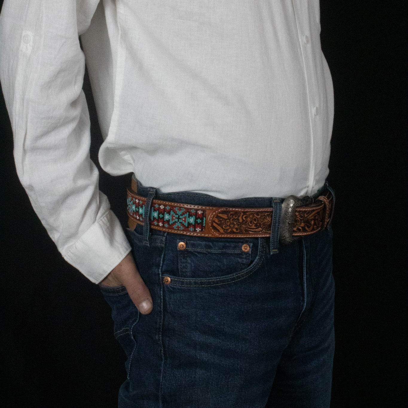 Brown Leather Belt with Inlaid Bead Work