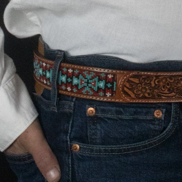 Brown Leather Belt with Inlaid Bead Work
