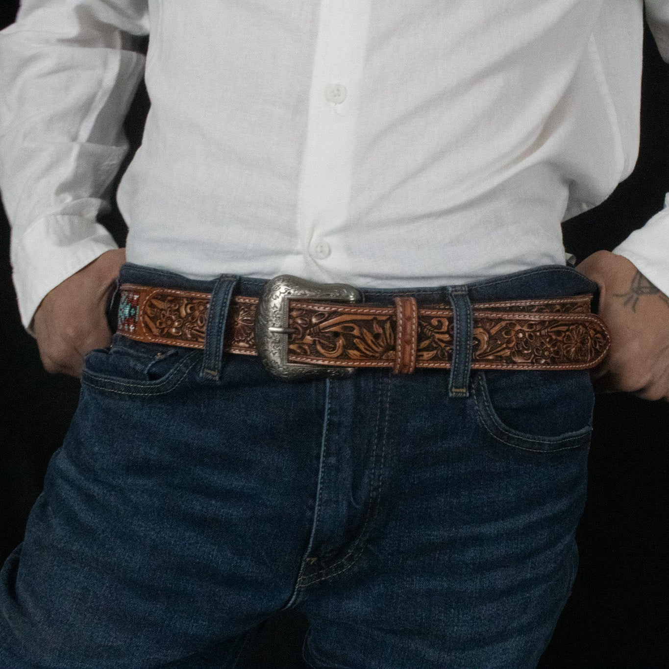 Brown Leather Belt with Inlaid Bead Work