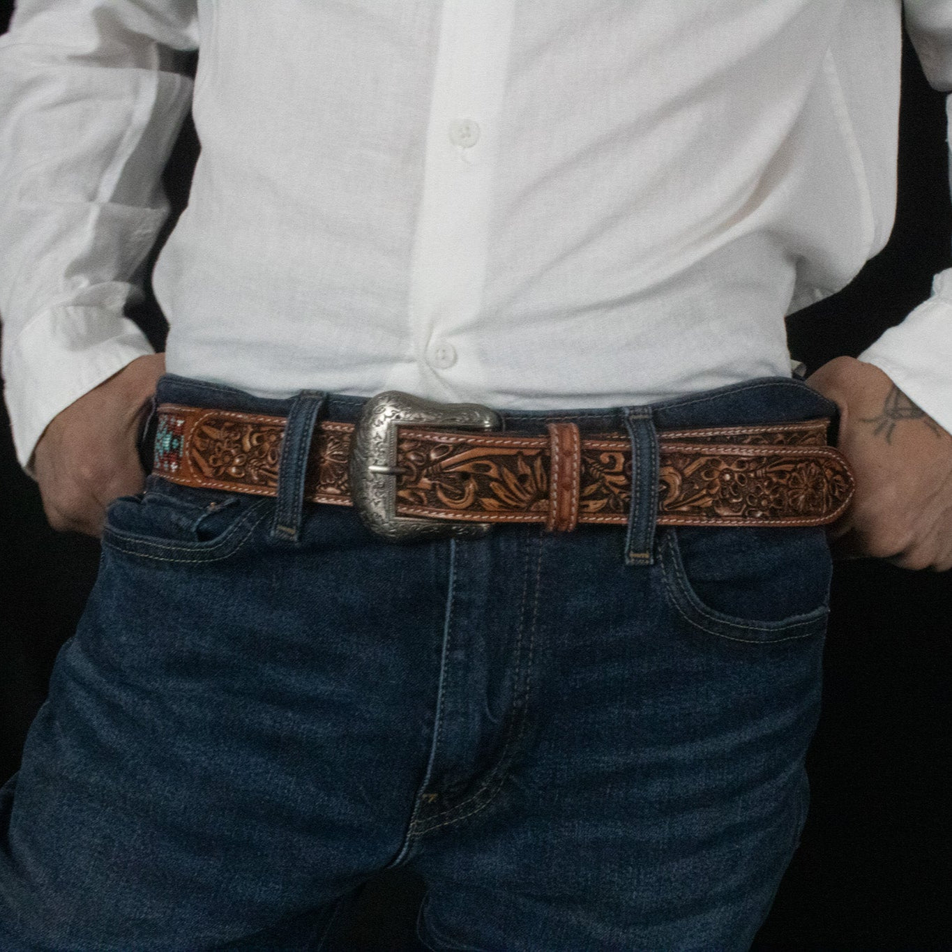 Brown Leather Belt with Inlaid Bead Work