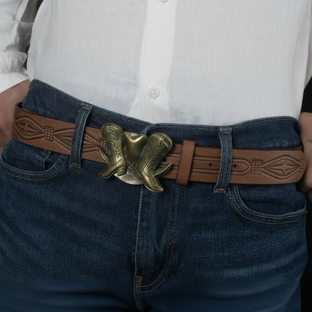 Western Style Leather Belt With Metal Boot Buckle