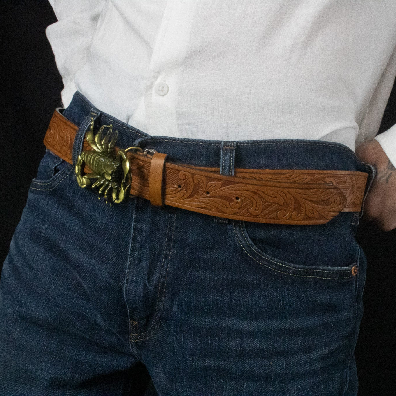 Light Brown Leather Belt with Gold Toned Scorpion Buckle Belt