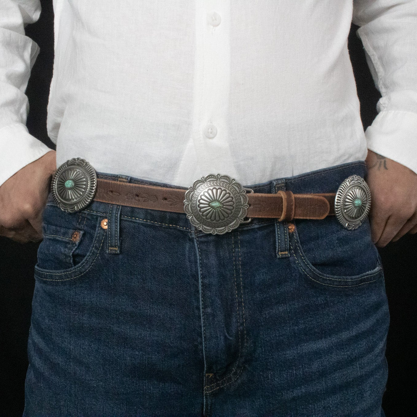 Western Distressed Leather belt oval concho with turquoise accent