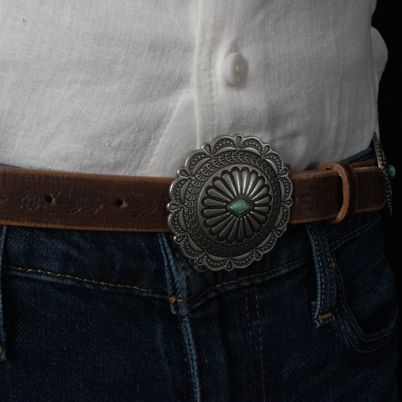 Western Distressed Leather belt oval concho with turquoise accent