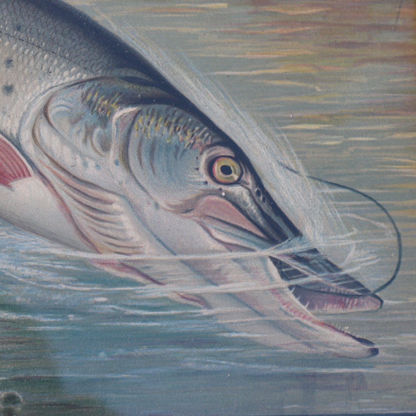 Samuel A Kilbourne "Northern Pike Hooked" Antique Framed Chromolithograph