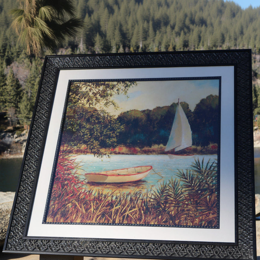 Printed Copy of a Sailboat with Canoe Floating on River By Artist James Weins