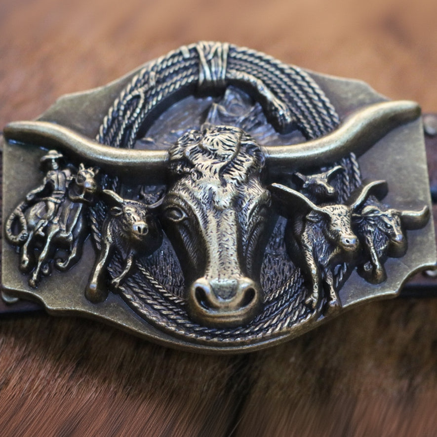 Premium Bull Horn Buckle with 47" Coffee Brown Leather Belt