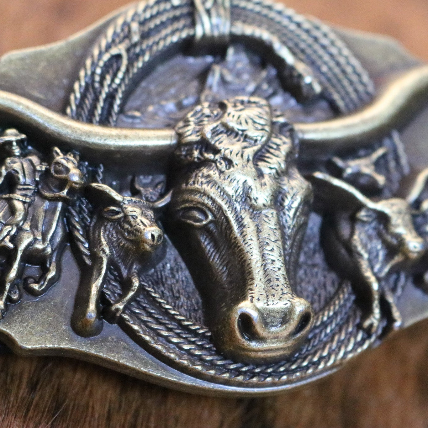 Premium Bull Horn Buckle with 47" Coffee Brown Leather Belt