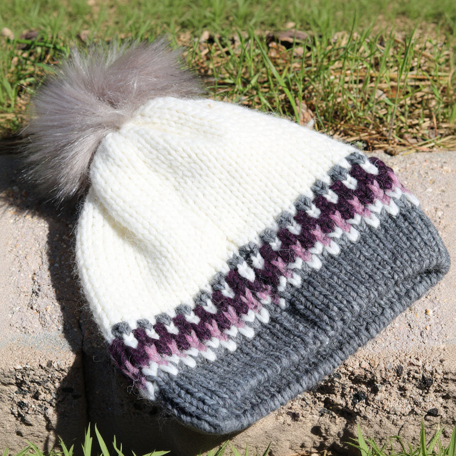 Gelso Bianco Crochet Faux Fur Pompom Beanie White and Lilac