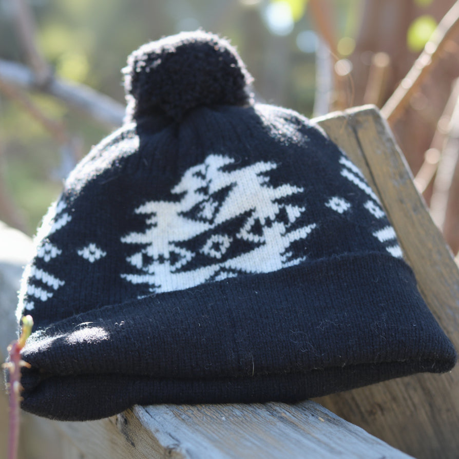 Hat with Pom Pom; Luminaria Black Aztec Design