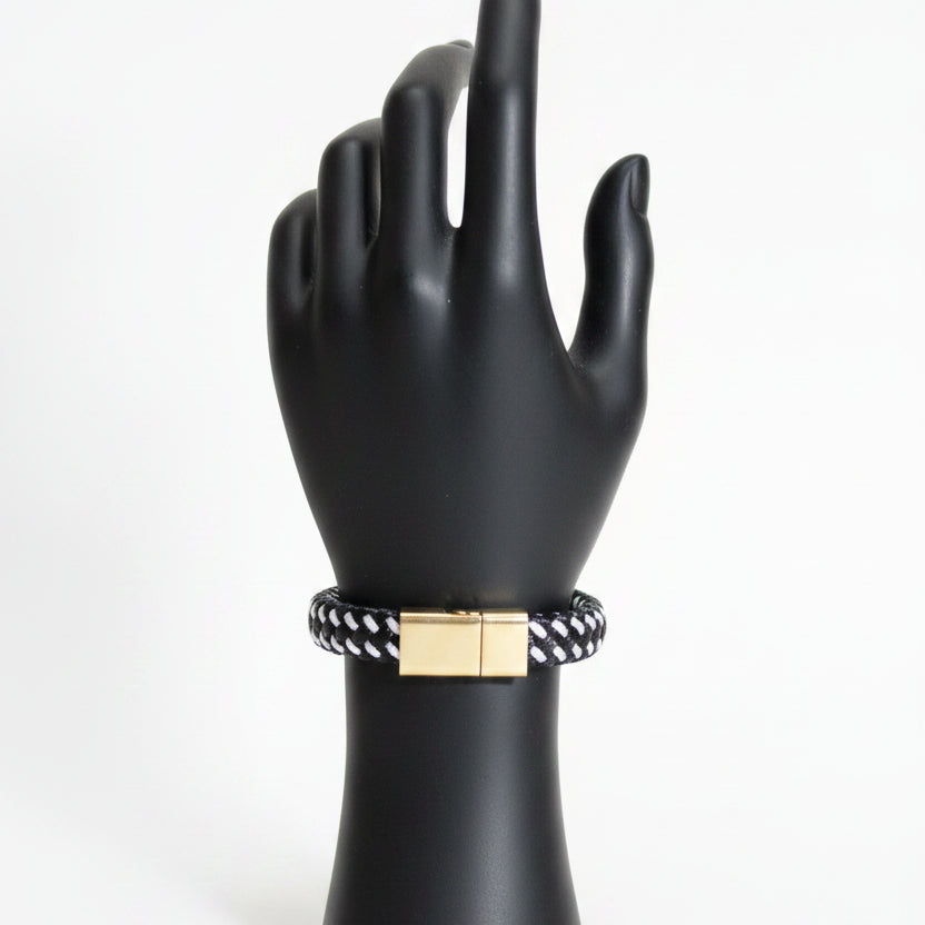 Black and White Diamond Tuck Design Bracelet with Magnetic Closure