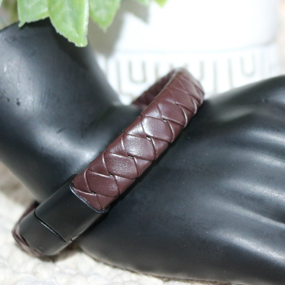 9" Braided Dark Brown Leather with Gold Magnetic Closure Bracelet