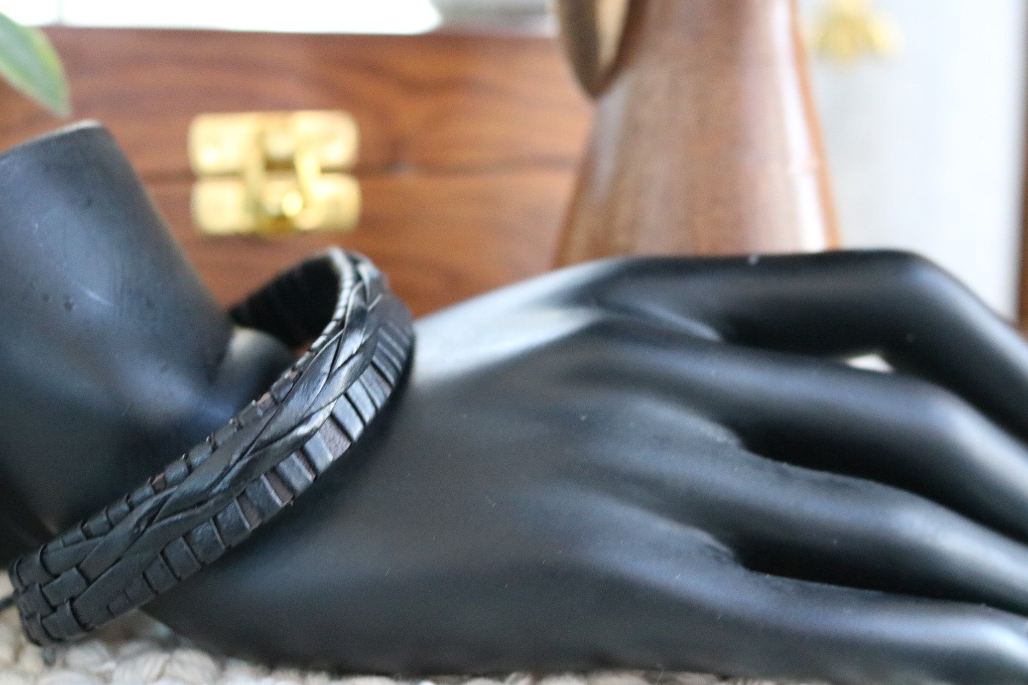 Black Soft Leather and Jute Cord Undone Braided Adjustable Bracelet