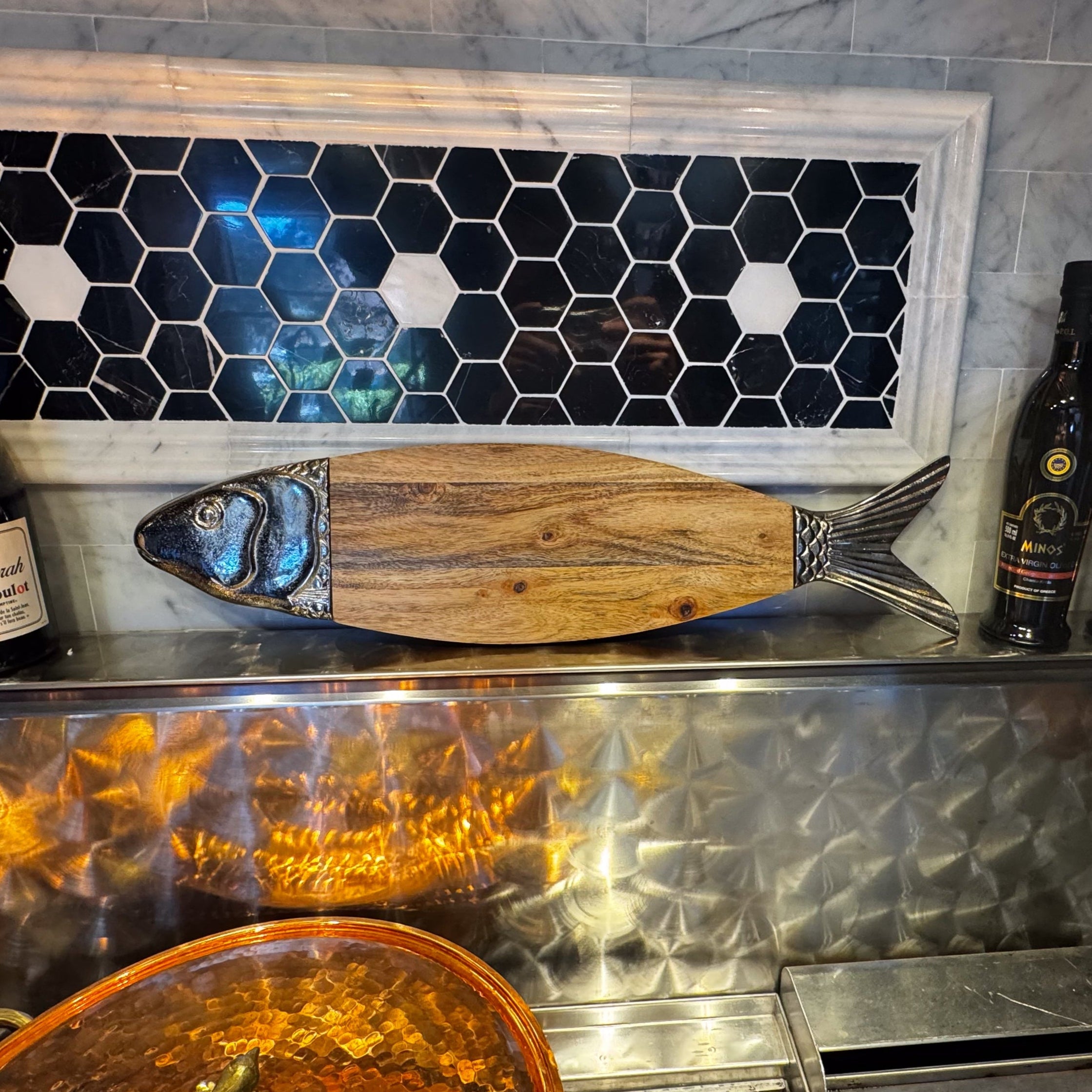 Beautiful Sardine Collection Wood and Pewter Fish Charcuterie Platter