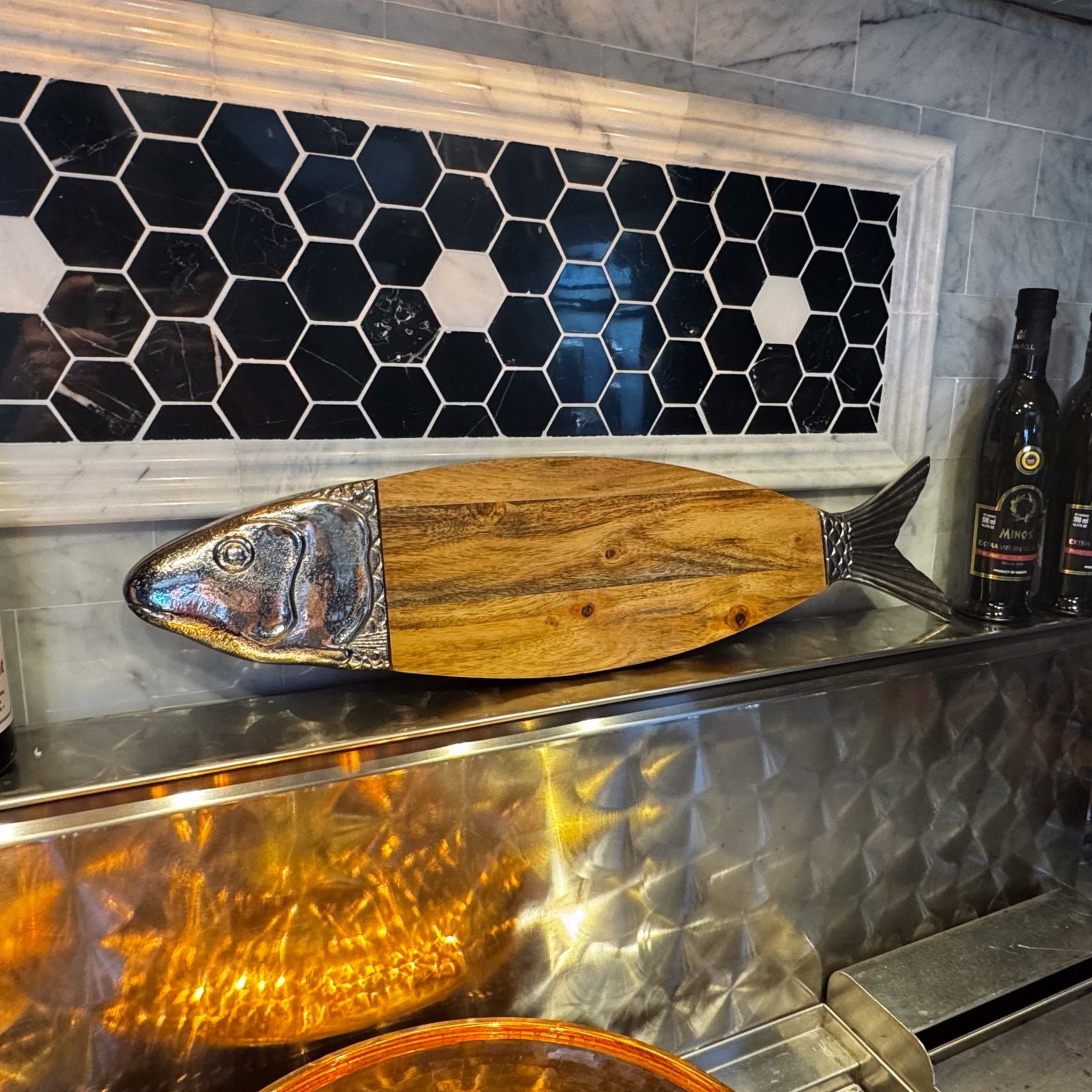 Beautiful Sardine Collection Wood and Pewter Fish Charcuterie Platter