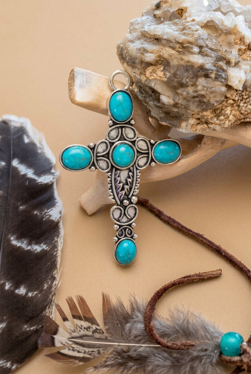 Five-Stone Turquoise Cross Necklace with Silver Scrollwork