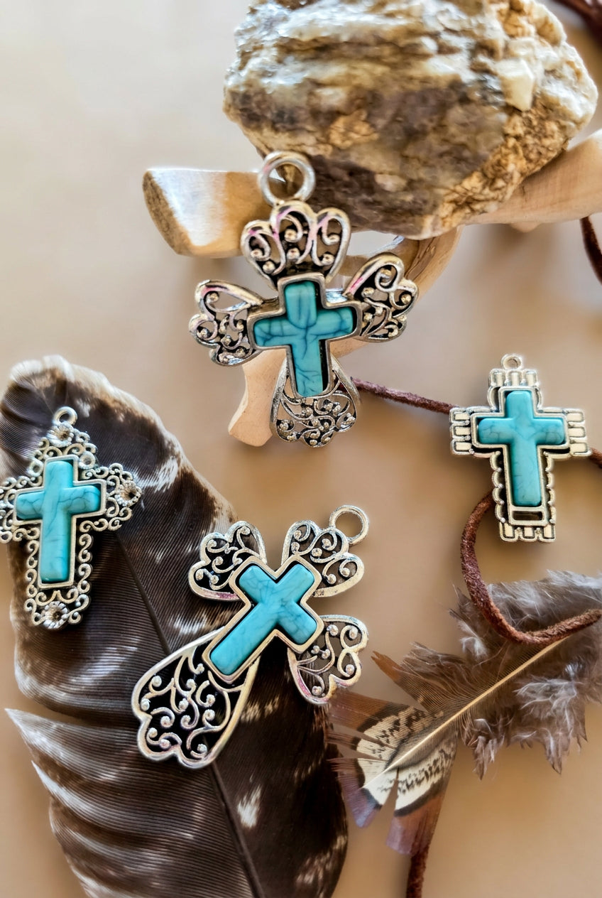 Turquoise Cross Pendant Necklace with Ornate Filigree