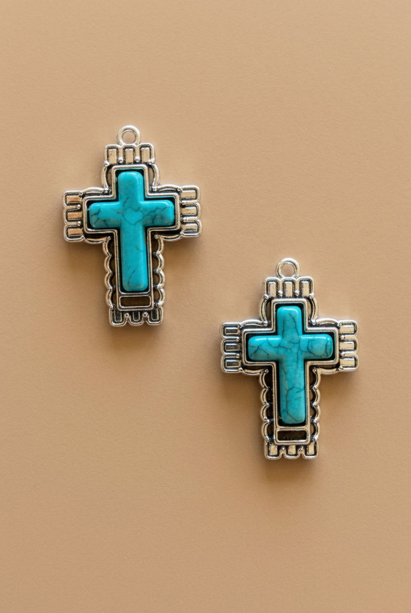 Turquoise Cross Necklace with Geometric Silver-Tone Frame