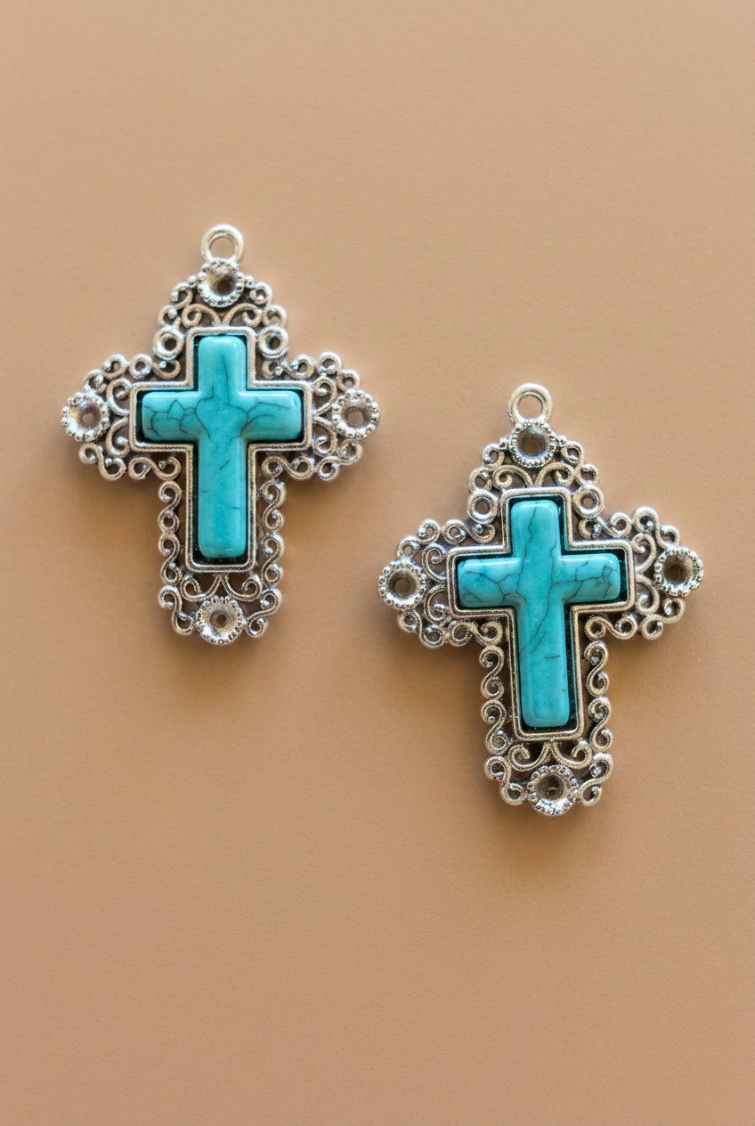 Turquoise Cross Pendant Necklace with Ornate Filigree