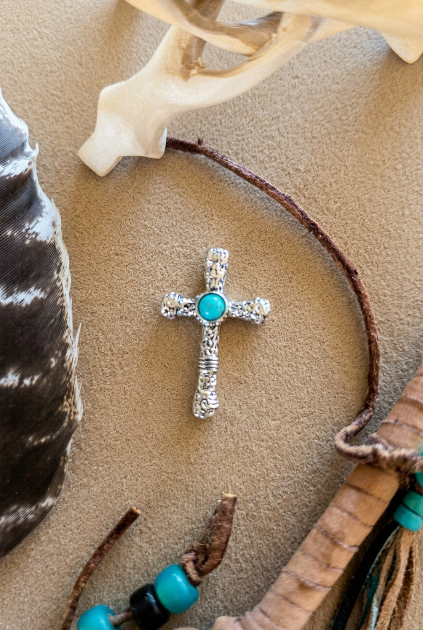 Beautiful Textured Cross Necklace with Turquoise-Color Center Stone