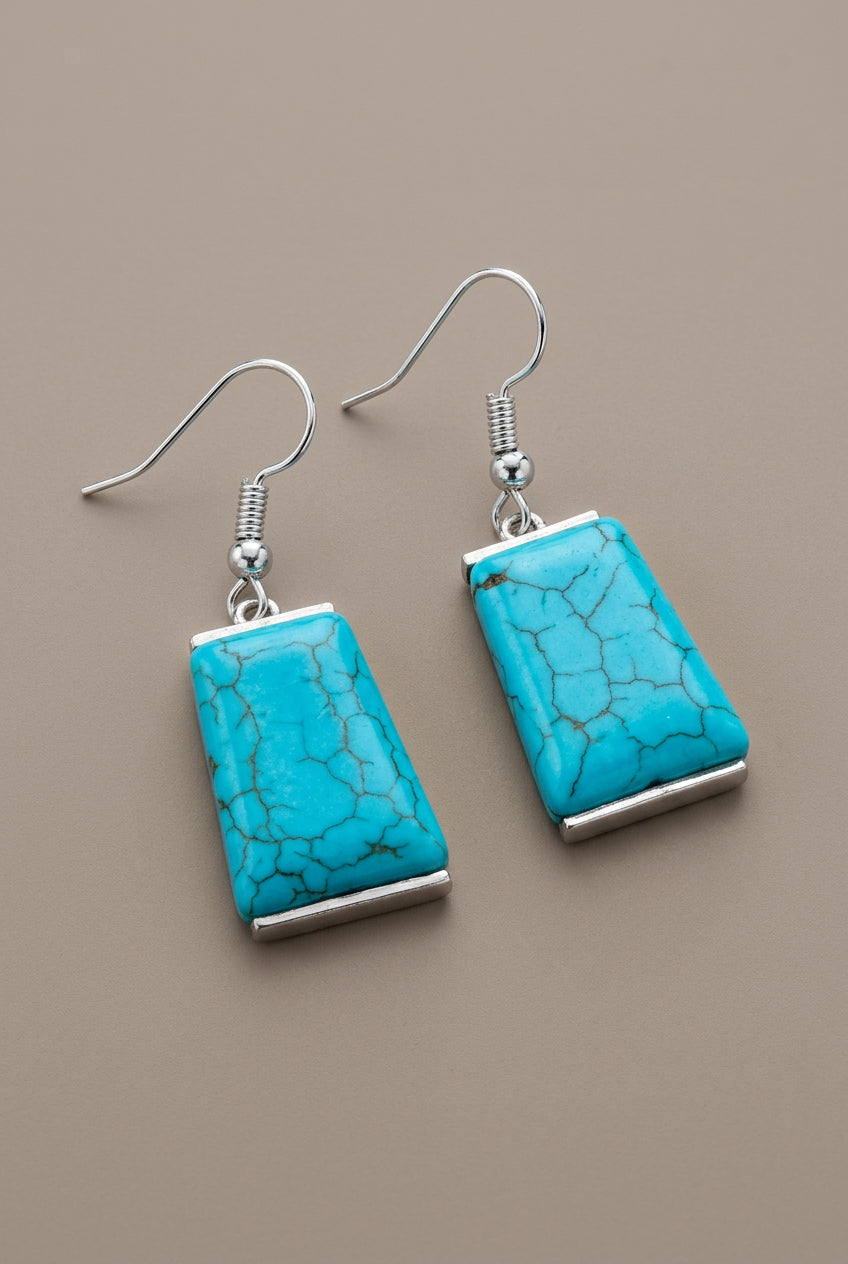 Turquoise Crackle Rectangle Drop Earrings