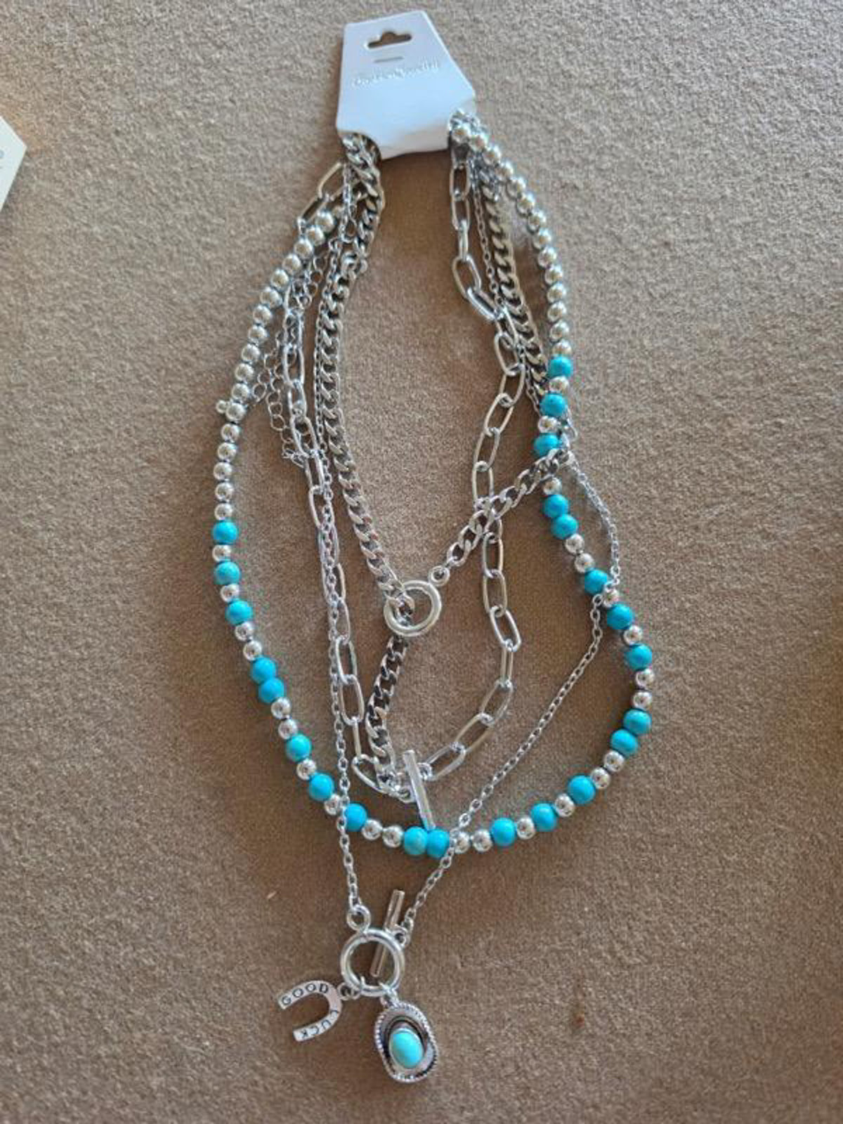 Southwestern Turquoise-Style 4-Layer Necklace Set – Silver-Tone