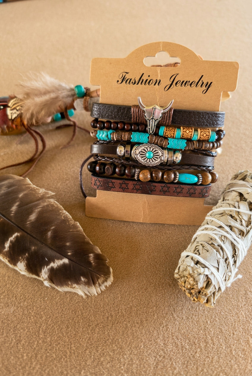 Western Boho Turquoise & Brown Multilayer Bracelet Set