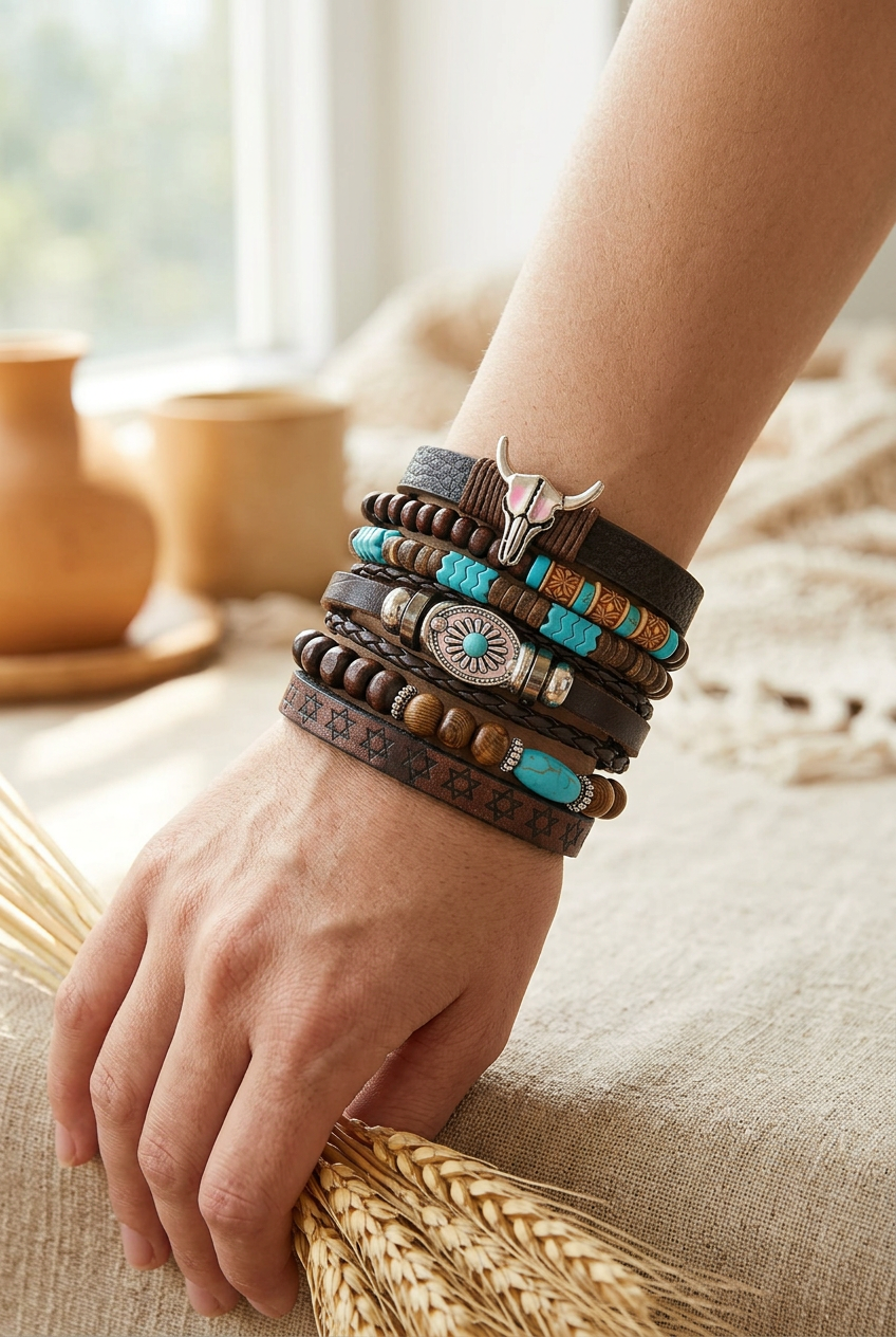 Western Boho Turquoise & Brown Multilayer Bracelet Set