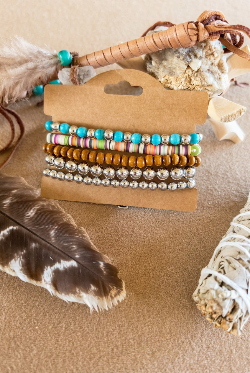 Western Turquoise & Multicolor Beaded Stretch Bracelet Set