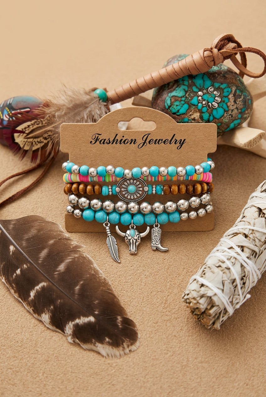 Western Turquoise & Multicolor Beaded Stretch Bracelet Set