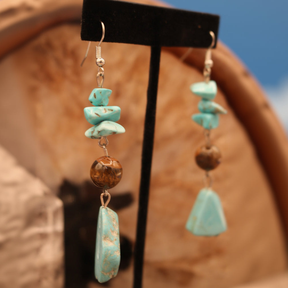 Classic Native American Style Turquoise and Tigers Eye Beaded Dangle Earrings