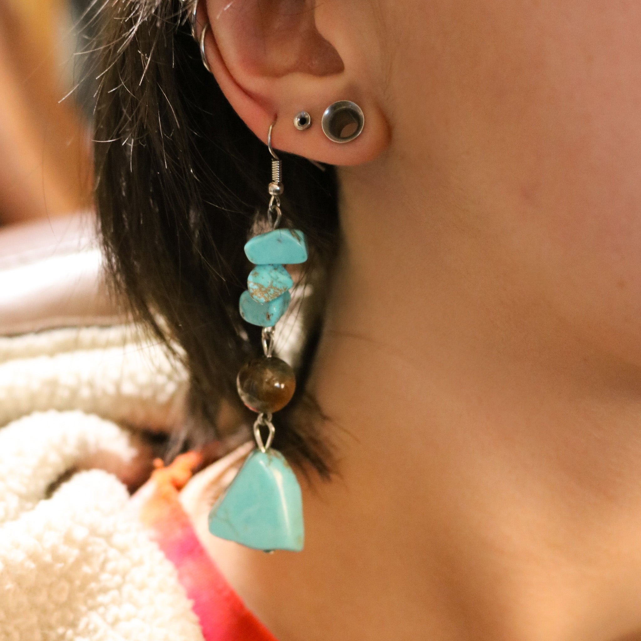 Classic Native American Style Turquoise and Tigers Eye Beaded Dangle Earrings