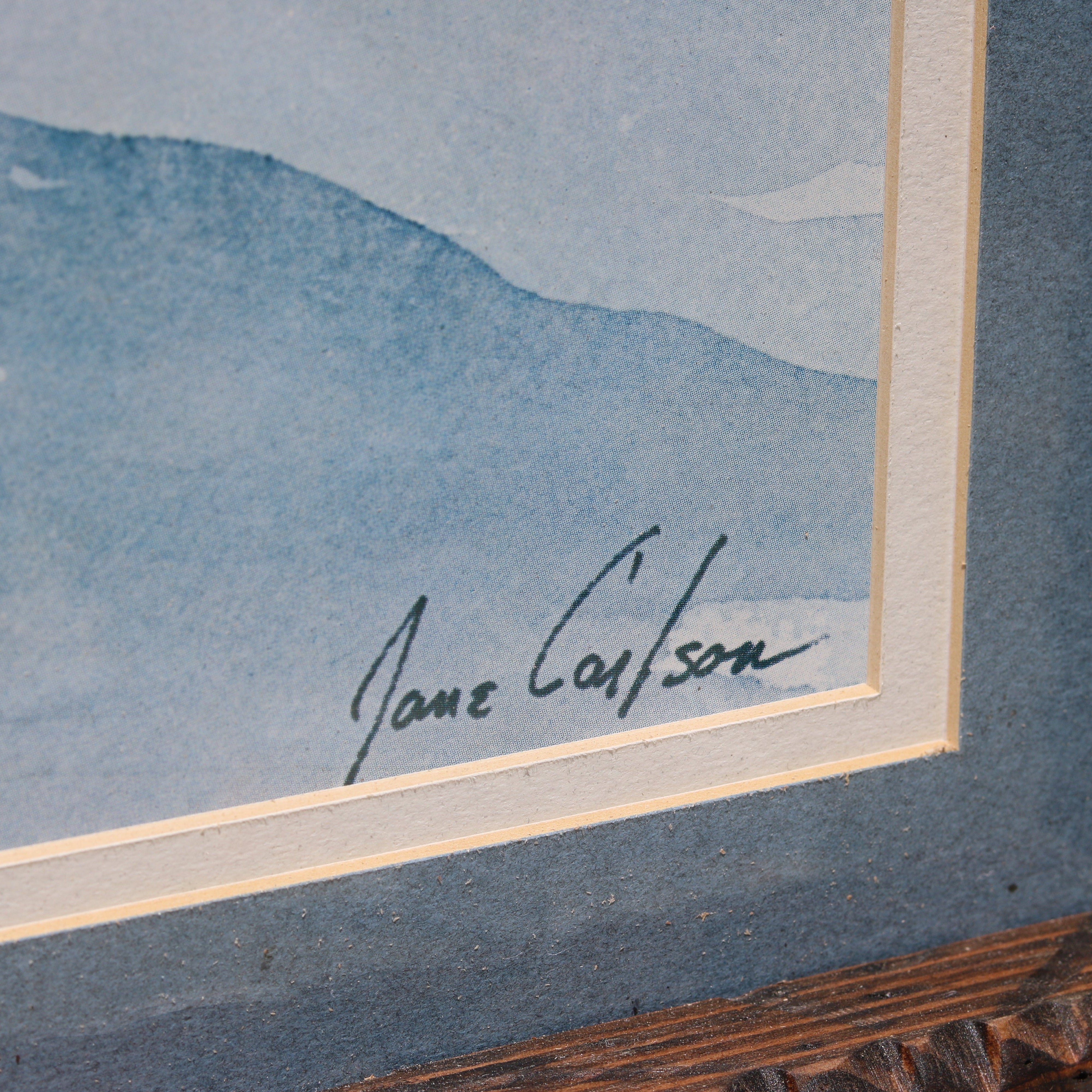 Large Framed Artwork Featuring 3 Skier Signed by Jane Carlson